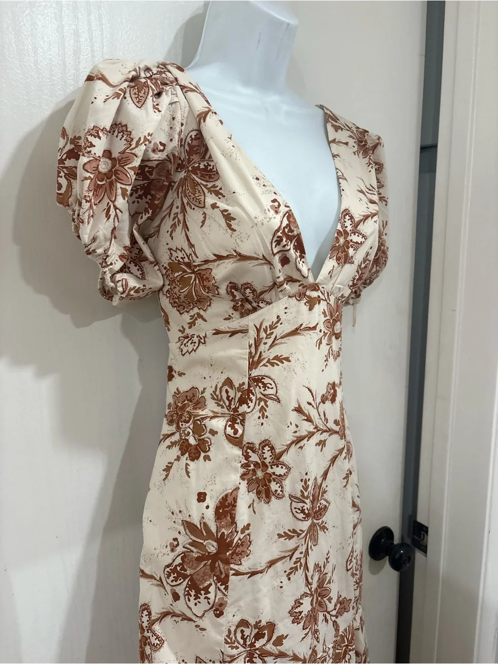 Bohemian cottagecore Ivory and Brown Floral V-Neck Puff Sleeve Dress